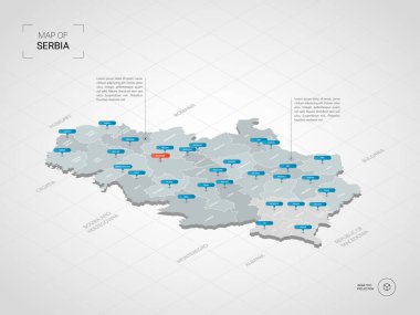 İzometrik 3d Sırbistan harita. Stilize vektör harita illüstrasyon şehirler, kenarlıklar, sermaye, yönetim birimleri ve işaretçi işaretleri ile; degrade arka plan Kılavuzu ile.