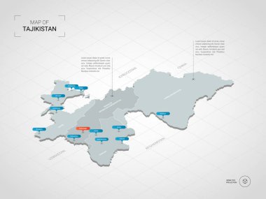 İzometrik 3d Tacikistan Haritası. Stilize vektör harita illüstrasyon şehirler, kenarlıklar, sermaye, yönetim birimleri ve işaretçi işaretleri ile; degrade arka plan Kılavuzu ile.