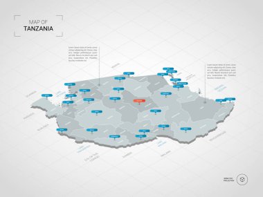 İzometrik 3d Tanzanya Haritası. Stilize vektör harita illüstrasyon şehirler, kenarlıklar, sermaye, yönetim birimleri ve işaretçi işaretleri ile; degrade arka plan Kılavuzu ile.