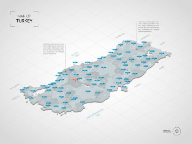 İzometrik 3d Türkiye eşleyin. Stilize vektör harita illüstrasyon şehirler, kenarlıklar, sermaye, yönetim birimleri ve işaretçi işaretleri ile; degrade arka plan Kılavuzu ile.