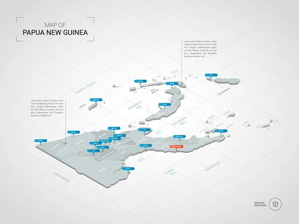 Isometrische Karte Von Papua Neuguinea Stilisierte Vektorkarten Illustration Mit Städten — Stockvektor