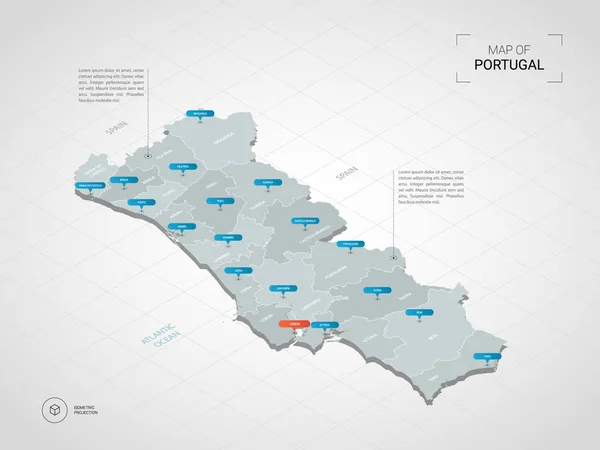 İzometrik 3d Portekiz harita. Stilize vektör harita illüstrasyon şehirler, kenarlıklar, sermaye, yönetim birimleri ve işaretçi işaretleri ile; degrade arka plan Kılavuzu ile.