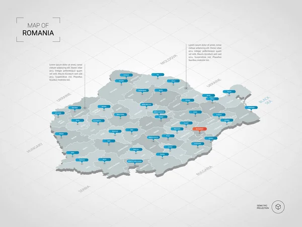 Изометрическая Карта Румынии Стилизованная Иллюстрация Векторной Карты Городами Границами Столицей — стоковый вектор