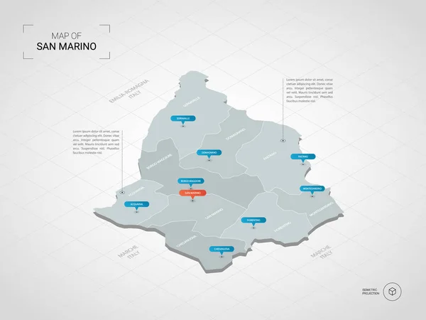 Isométrico Mapa San Marino Ilustración Mapas Vectoriales Estilizados Con Ciudades — Archivo Imágenes Vectoriales