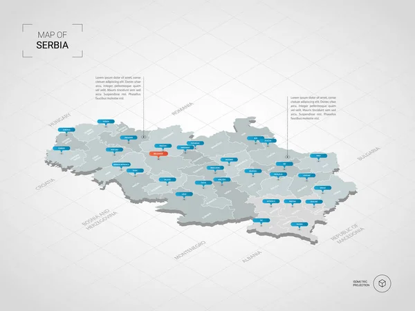 Peta Serbia Isometric Ilustrasi Peta Vektor Bergaya Dengan Kota Perbatasan - Stok Vektor