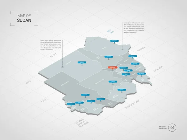 Isométrico Mapa Sudán Ilustración Mapas Vectoriales Estilizados Con Ciudades Fronteras — Vector de stock