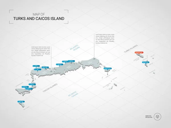 Isométrico Mapa Turcos Caicos Ilustración Mapas Vectoriales Estilizados Con Ciudades — Vector de stock