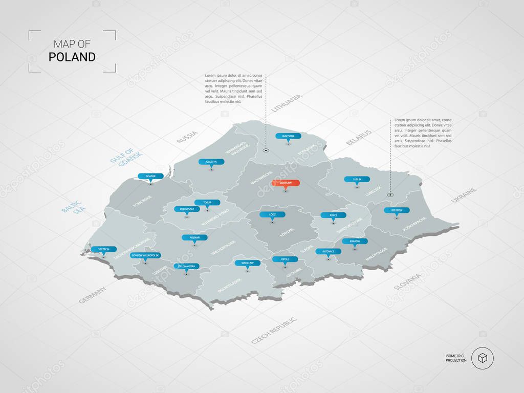 Isometric  3D Poland map. Stylized vector map illustration with cities, borders, capital, administrative divisions and pointer marks; gradient background with grid.