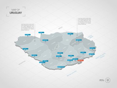 İzometrik 3d Uruguay Haritası. Stilize vektör harita illüstrasyon şehirler, kenarlıklar, sermaye, yönetim birimleri ve işaretçi işaretleri ile; degrade arka plan Kılavuzu ile.
