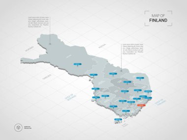 İzometrik 3d Finlandiya Haritası. Stilize vektör harita illüstrasyon şehirler, kenarlıklar, sermaye, yönetim birimleri ve işaretçi işaretleri ile; degrade arka plan Kılavuzu ile.
