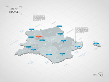 İzometrik 3d Fransa:. Stilize vektör harita illüstrasyon şehirler, kenarlıklar, sermaye, yönetim birimleri ve işaretçi işaretleri ile; degrade arka plan Kılavuzu ile.