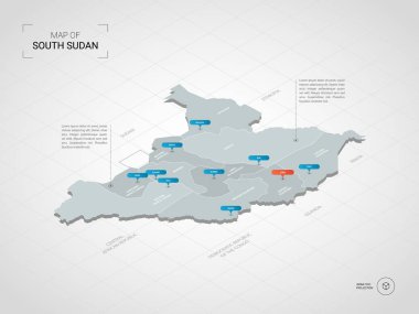 İzometrik 3d Güney Sudan Haritası. Stilize vektör harita illüstrasyon şehirler, kenarlıklar, sermaye, yönetim birimleri ve işaretçi işaretleri ile; degrade arka plan Kılavuzu ile.
