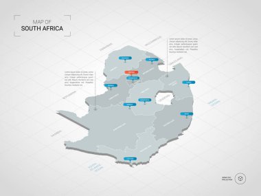 İzometrik 3d Güney Afrika Cumhuriyeti eşleyin. Stilize vektör harita illüstrasyon şehirler, kenarlıklar, sermaye, yönetim birimleri ve işaretçi işaretleri ile; degrade arka plan Kılavuzu ile.