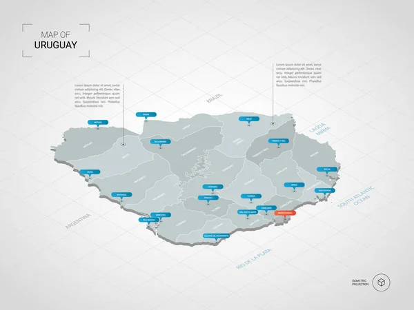 Isométrico Mapa Uruguay Ilustración Mapas Vectoriales Estilizados Con Ciudades Fronteras — Vector de stock