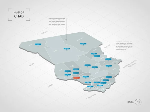 Isométrico Mapa Chad Ilustración Mapas Vectoriales Estilizados Con Ciudades Fronteras — Vector de stock
