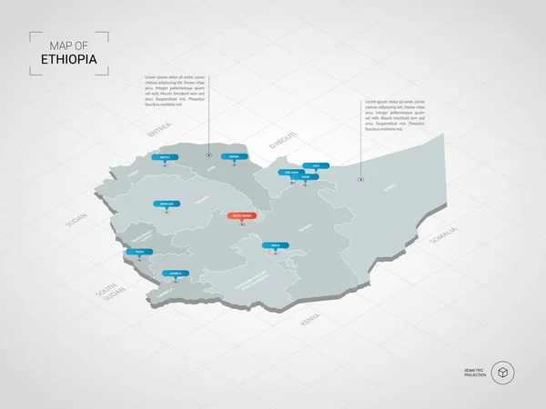 Isometrische Karte Von Äthiopien Stilisierte Vektorkarten Illustration Mit Städten Grenzen — Stockvektor