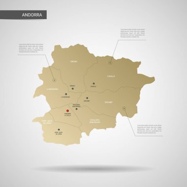 Stilize vektör Andorra haritası. Infographic 3d altın harita illüstrasyon şehirler, kenarlıklar, sermaye, yönetim birimleri ve işaretçi izleri, gölge ile; gradyan arka planı.