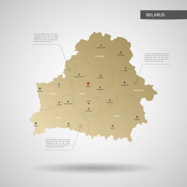 Stilize vektör Beyaz Rusya Haritası. Infographic 3d altın harita illüstrasyon şehirler, kenarlıklar, sermaye, yönetim birimleri ve işaretçi izleri, gölge ile; gradyan arka planı.