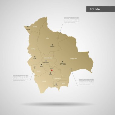 Stilize vektör Bolivya Haritası. Infographic 3d altın harita illüstrasyon şehirler, kenarlıklar, sermaye, yönetim birimleri ve işaretçi izleri, gölge ile; gradyan arka planı.