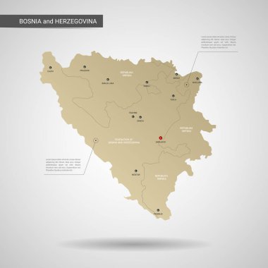 Stilize vektör Bosna Hersek harita. Infographic 3d altın harita illüstrasyon şehirler, kenarlıklar, sermaye, yönetim birimleri ve işaretçi izleri, gölge ile; gradyan arka planı.