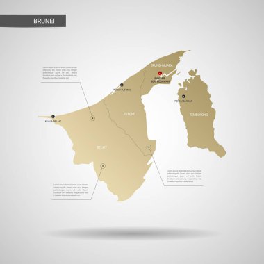 Stilize vektör Brunei harita. Infographic 3d altın harita illüstrasyon şehirler, kenarlıklar, sermaye, yönetim birimleri ve işaretçi izleri, gölge ile; gradyan arka planı. 