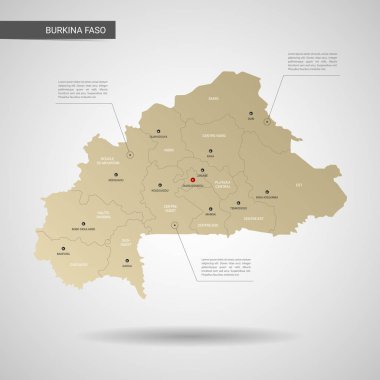 Stilize vektör Burkina Faso haritası. Infographic 3d altın harita illüstrasyon şehirler, kenarlıklar, sermaye, yönetim birimleri ve işaretçi izleri, gölge ile; gradyan arka planı.