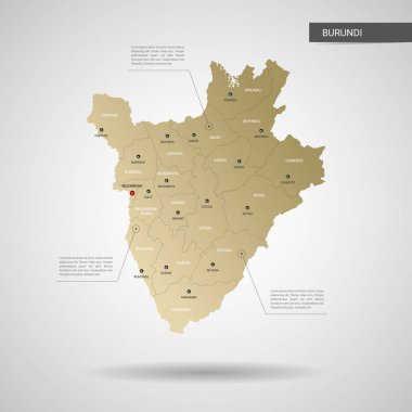 Stilize vektör Burundi haritası. Infographic 3d altın harita illüstrasyon şehirler, kenarlıklar, sermaye, yönetim birimleri ve işaretçi izleri, gölge ile; gradyan arka planı.
