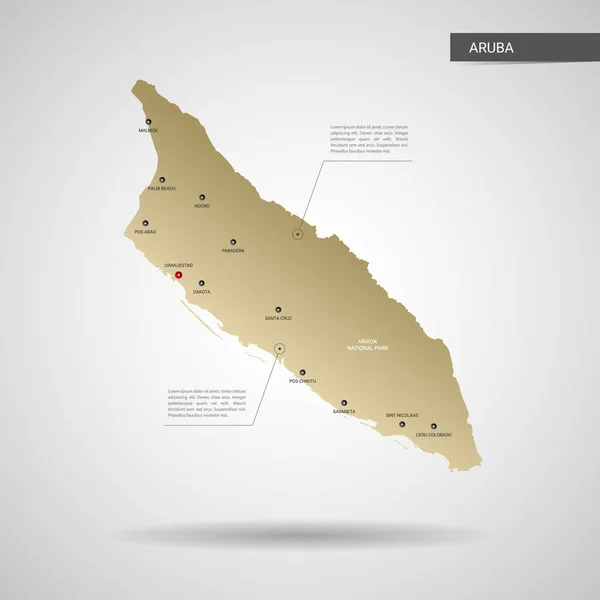 风格化的矢量阿鲁巴地图 信息图3D 黄金地图插图与城市 行政区划和指针标记 渐变背景 — 图库矢量图片