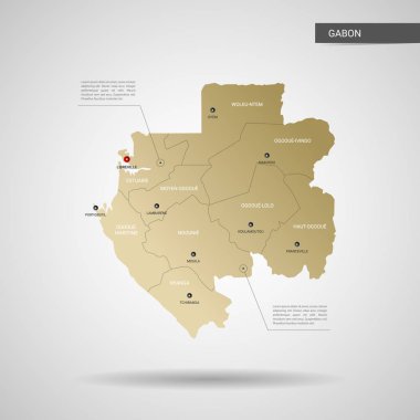 Stilize vektör Gabon haritası. Infographic 3d altın harita illüstrasyon şehirler, kenarlıklar, sermaye, yönetim birimleri ve işaretçi izleri, gölge ile; gradyan arka planı. 