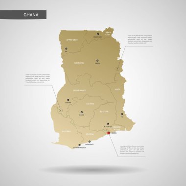 Stilize vektör Gana harita. Infographic 3d altın harita illüstrasyon şehirler, kenarlıklar, sermaye, yönetim birimleri ve işaretçi izleri, gölge ile; gradyan arka planı.