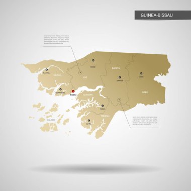 Stilize vektör Gine-Bissau harita. Infographic 3d altın harita illüstrasyon şehirler, kenarlıklar, sermaye, yönetim birimleri ve işaretçi izleri, gölge ile; gradyan arka planı. 
