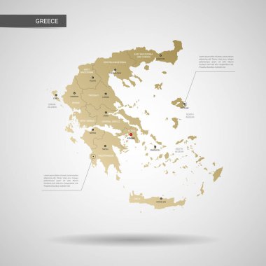 Stilize vektör Yunanistan Haritası. Infographic 3d altın harita illüstrasyon şehirler, kenarlıklar, sermaye, yönetim birimleri ve işaretçi izleri, gölge ile; gradyan arka planı.