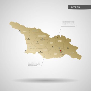 Stilize vektör Georgia harita. Infographic 3d altın harita illüstrasyon şehirler, kenarlıklar, sermaye, yönetim birimleri ve işaretçi izleri, gölge ile; gradyan arka planı.