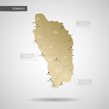 Stilize vektör Dominika Haritası. Infographic 3d altın harita illüstrasyon şehirler, kenarlıklar, sermaye, yönetim birimleri ve işaretçi izleri, gölge ile; gradyan arka planı.