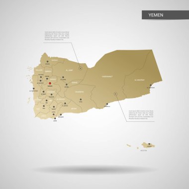 Stilize vektör Yemen harita. Infographic 3d altın harita illüstrasyon şehirler, kenarlıklar, sermaye, yönetim birimleri ve işaretçi izleri, gölge ile; gradyan arka planı.