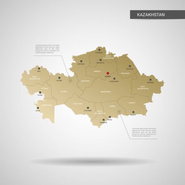 Stilize vektör Kazakistan Haritası. Infographic 3d altın harita illüstrasyon şehirler, kenarlıklar, sermaye, yönetim birimleri ve işaretçi izleri, gölge ile; gradyan arka planı.