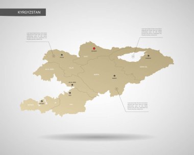 Stilize vektör Kırgızistan haritası. Infographic 3d altın harita illüstrasyon şehirler, kenarlıklar, sermaye, yönetim birimleri ve işaretçi izleri, gölge ile; gradyan arka planı. 