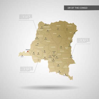 Stilize vektör Dr Kongo haritası. Infographic 3d altın harita illüstrasyon şehirler, kenarlıklar, sermaye, yönetim birimleri ve işaretçi izleri, gölge ile; gradyan arka planı.