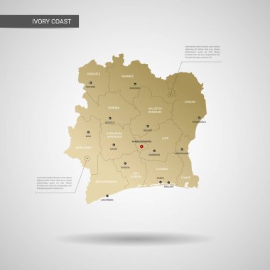 Stilize vektör Fildişi Sahili haritası. Infographic 3d altın harita illüstrasyon şehirler, kenarlıklar, sermaye, yönetim birimleri ve işaretçi izleri, gölge ile; gradyan arka planı.