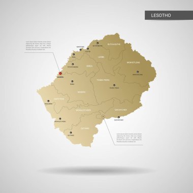 Stilize vektör Lesoto haritası. Infographic 3d altın harita illüstrasyon şehirler, kenarlıklar, sermaye, yönetim birimleri ve işaretçi izleri, gölge ile; gradyan arka planı. 