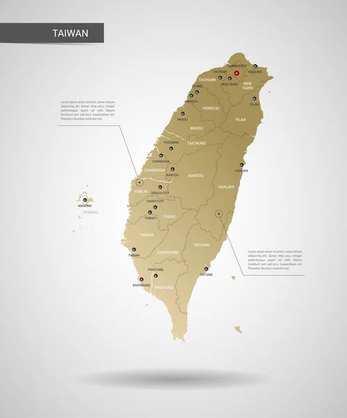 Vector Estilizado Mapa Taiwán Infografía Mapa Oro Ilustración Con Ciudades — Vector de stock