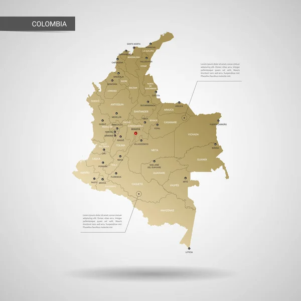 Stilize Vektör Kolombiya Haritası Infographic Altın Harita Illüstrasyon Şehirler Kenarlıklar — Stok Vektör