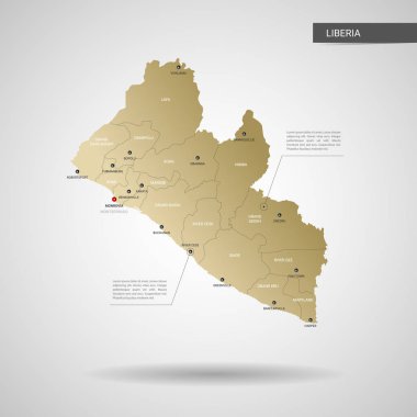 Stilize vektör Liberya Haritası. Infographic 3d altın harita illüstrasyon şehirler, kenarlıklar, sermaye, yönetim birimleri ve işaretçi izleri, gölge ile; gradyan arka planı.