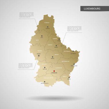 Stilize vektör Lüksemburg göster. Infographic 3d altın harita illüstrasyon şehirler, kenarlıklar, sermaye, yönetim birimleri ve işaretçi izleri, gölge ile; gradyan arka planı.
