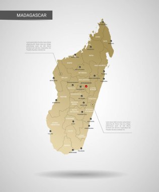 Stilize vektör Madagaskar haritası. Infographic 3d altın harita illüstrasyon şehirler, kenarlıklar, sermaye, yönetim birimleri ve işaretçi izleri, gölge ile; gradyan arka planı.