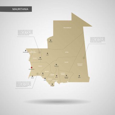 Stilize vektör Moritanya Haritası. Infographic 3d altın harita illüstrasyon şehirler, kenarlıklar, sermaye, yönetim birimleri ve işaretçi izleri, gölge ile; gradyan arka planı.