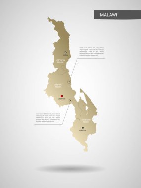Stilize vektör Malavi Haritası. Infographic 3d altın harita illüstrasyon şehirler, kenarlıklar, sermaye, yönetim birimleri ve işaretçi izleri, gölge ile; gradyan arka planı. 