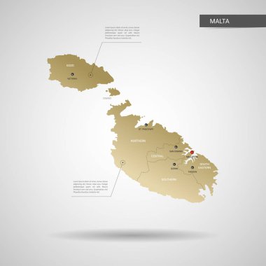 Stilize vektör Malta Haritası. Infographic 3d altın harita illüstrasyon şehirler, kenarlıklar, sermaye, yönetim birimleri ve işaretçi izleri, gölge ile; gradyan arka planı.