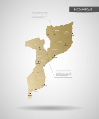 Stilize vektör Mozambik Haritası. Infographic 3d altın harita illüstrasyon şehirler, kenarlıklar, sermaye, yönetim birimleri ve işaretçi izleri, gölge ile; gradyan arka planı.