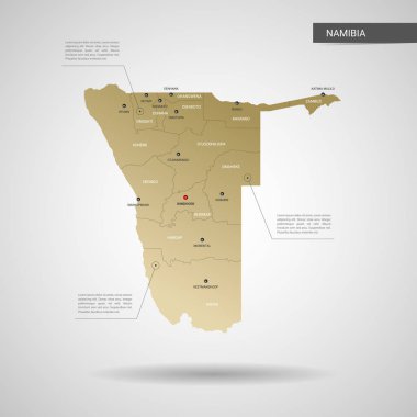 Stilize vektör Namibya Haritası. Infographic 3d altın harita illüstrasyon şehirler, kenarlıklar, sermaye, yönetim birimleri ve işaretçi izleri, gölge ile; gradyan arka planı.